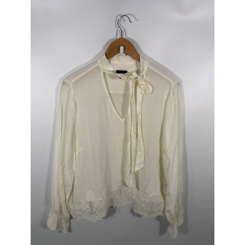 Talbots Womens Blouse L Ivory Bow Ruffle Pirate Edwardian Medieval Ren Faire